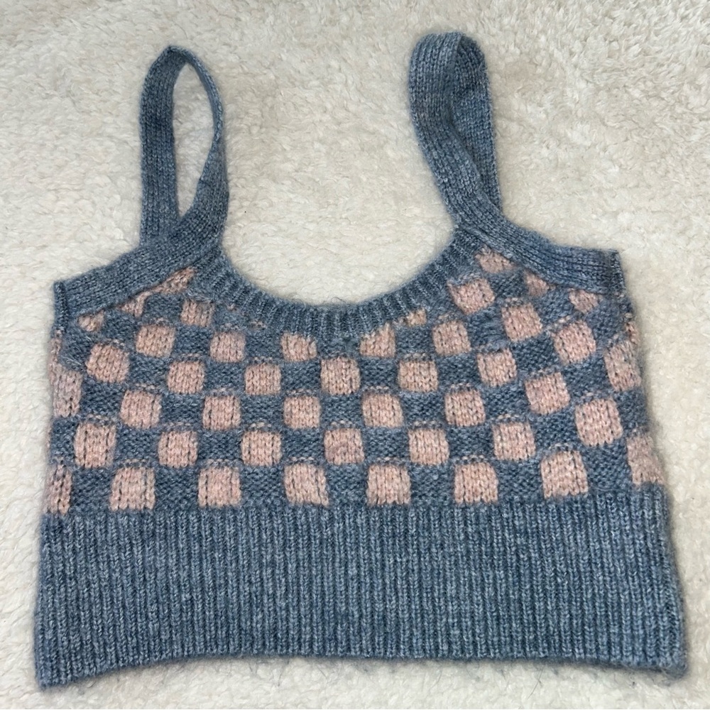 Topshop Blue & Pink Checkered Knit Cropped Sweater Tank Top Small